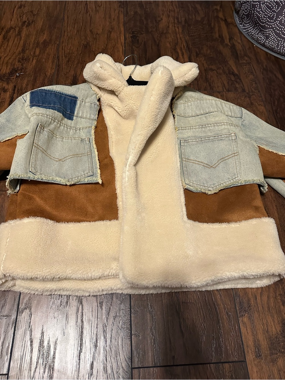 AKIRA Cream Sherpa & Brown Suede Patchwork Jean Jacket